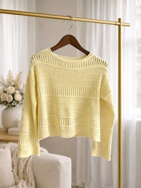 No Boundaries Light Yellow Cropped Knit Crew Sweater